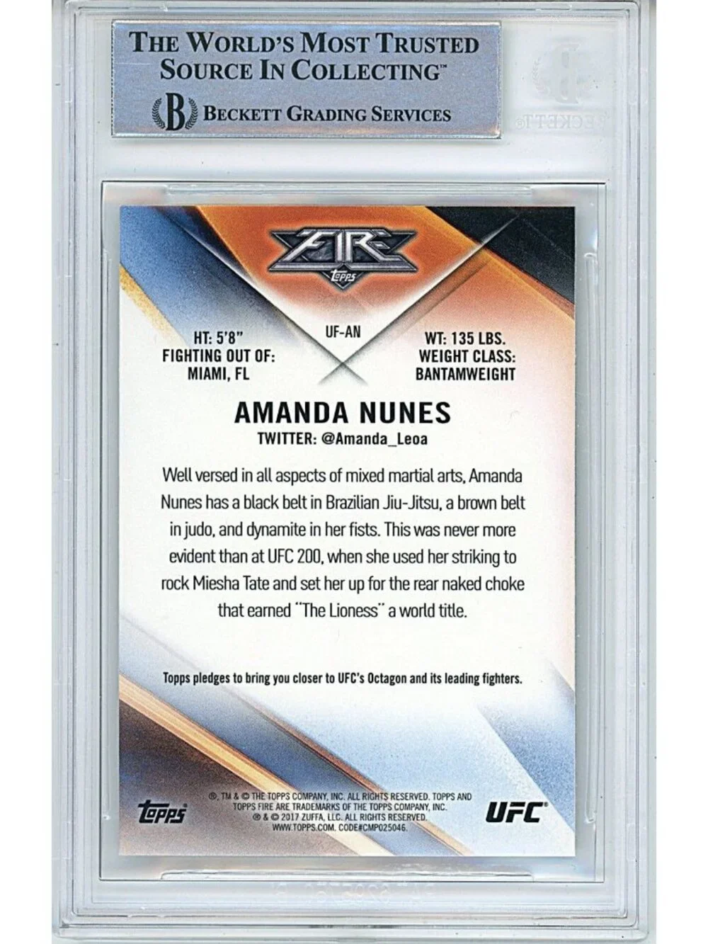 Amanda Nunes UFC Signed Card Beckett Autograph 2017 Topps Chrome Fire MMA Auto